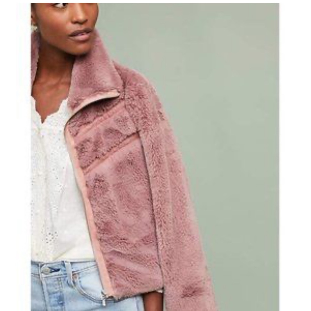 Anthropologie Women’sFaux Fur Jacket Teddy Bomber Mauve Dusty Rose Chevron Sz XS